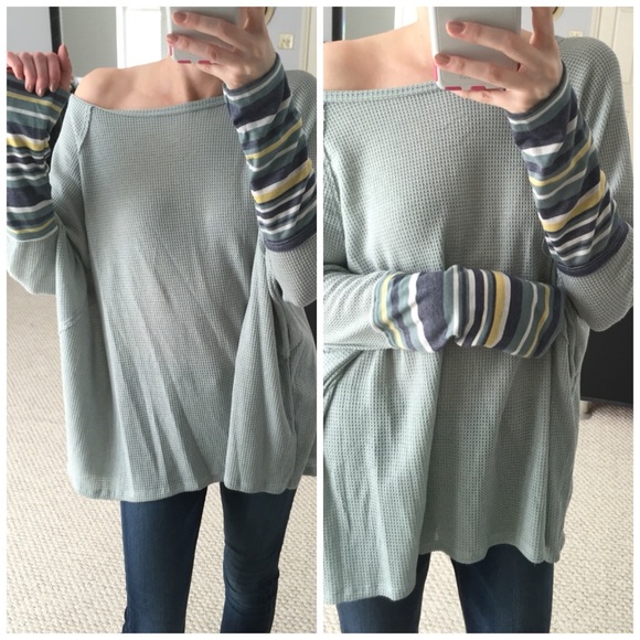 LAST ITEM▫Sage Waffle Knit Dolman w/ Striped Cuffs - Picture 3 of 5