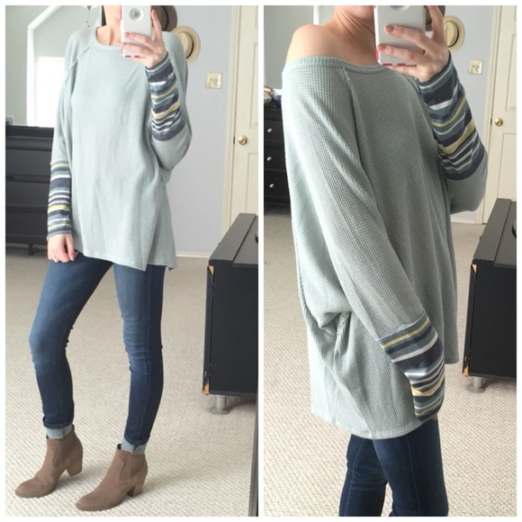 LAST ITEM▫Sage Waffle Knit Dolman w/ Striped Cuffs - Picture 4 of 5