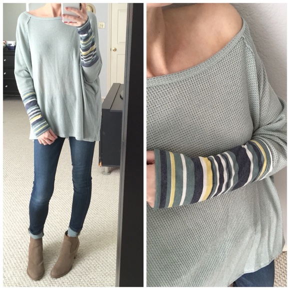 LAST ITEM▫Sage Waffle Knit Dolman w/ Striped Cuffs - Picture 5 of 5