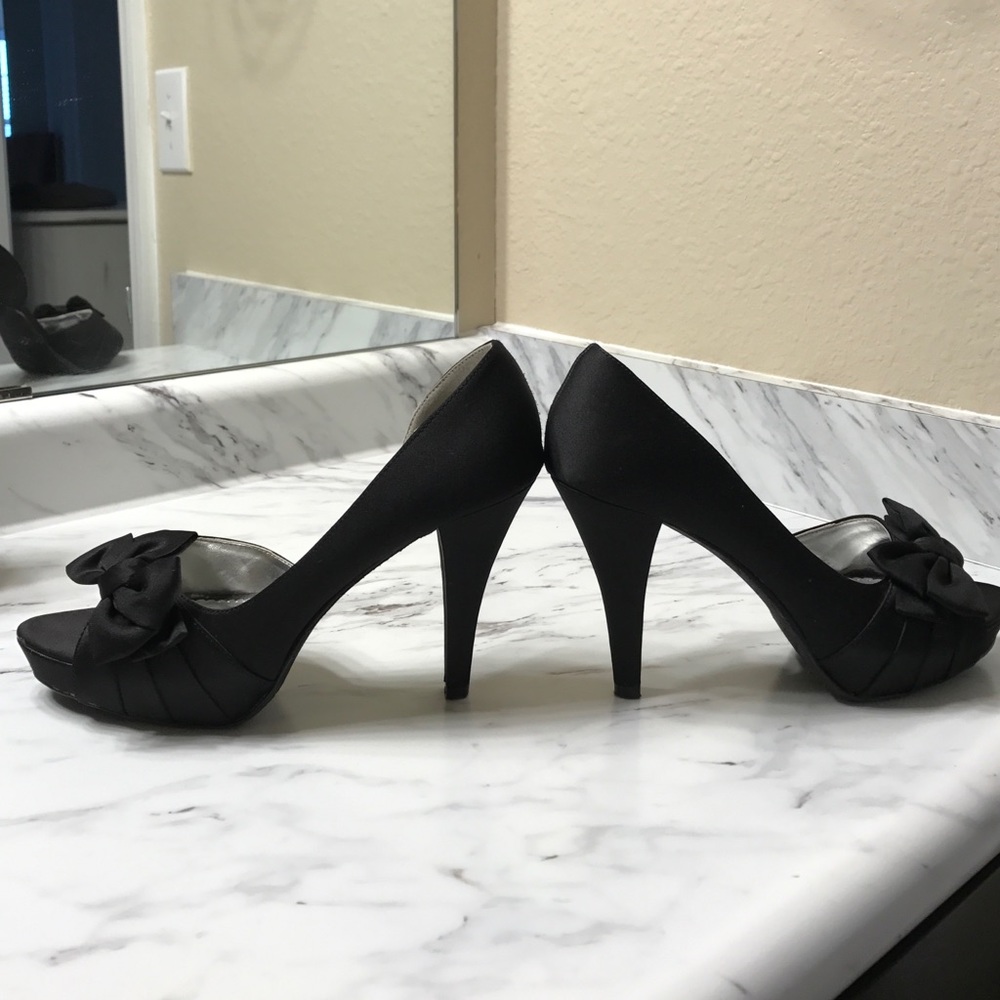 Black Satin Peep Toe 4" Platform Heels with Bow