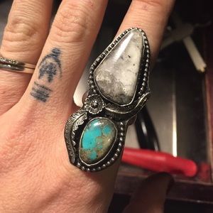 Sterling silver huge double stone turquoise ring.