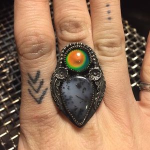 Sterling Silver ring Dendrite Opal with moodstone.