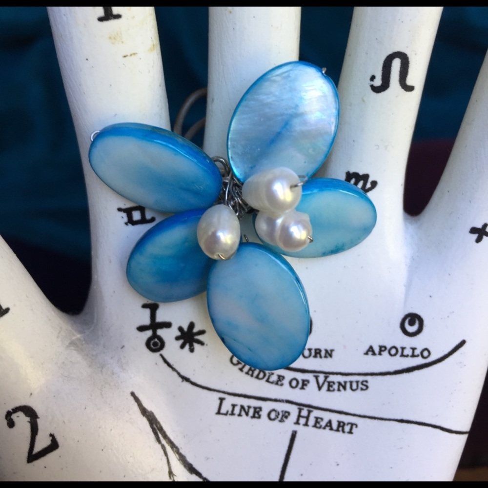 Handmade turquoise blue flower with pearl center