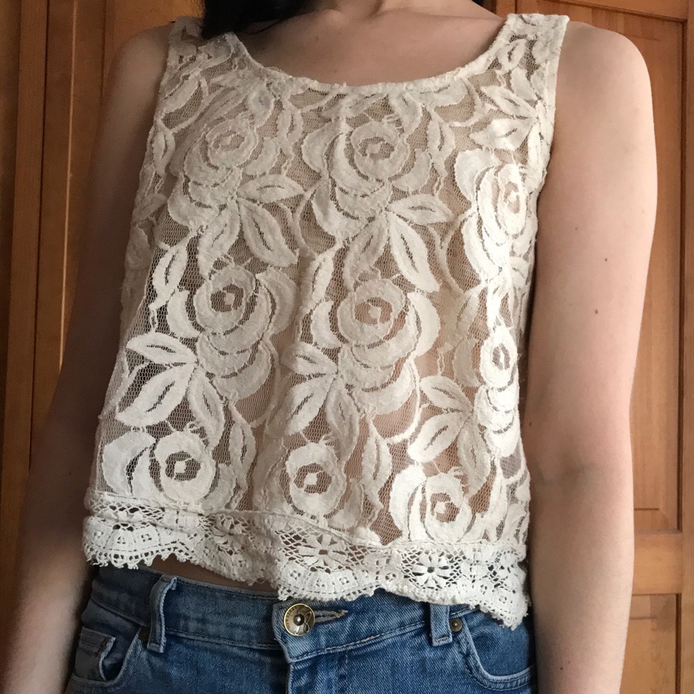 cream white lace crochet boho floral crop top