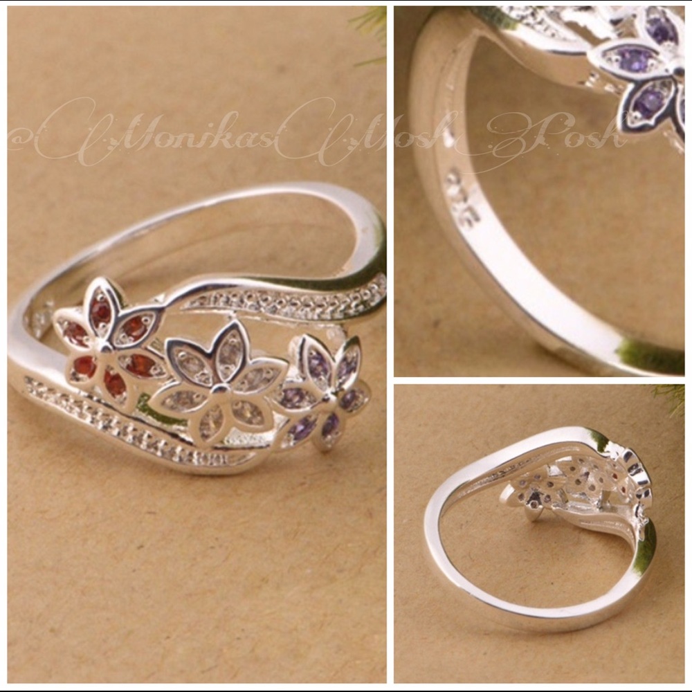 🔴Silver Dainty Feminine Crystal Flower Ring