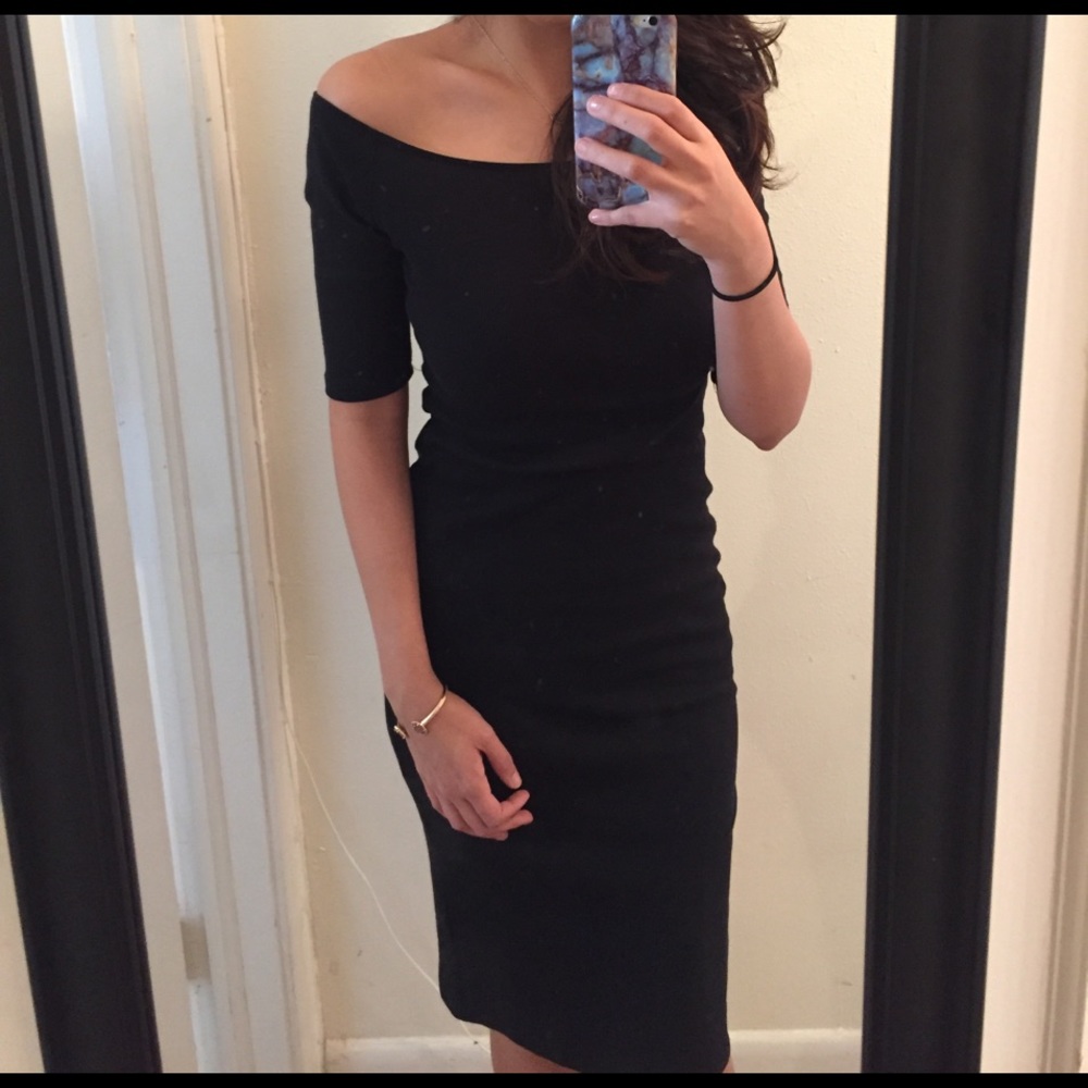 New Black Ribbed Fitted Dress
