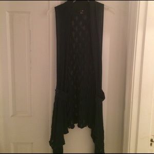 Light weight, dark teal, sleeveless cardigan.