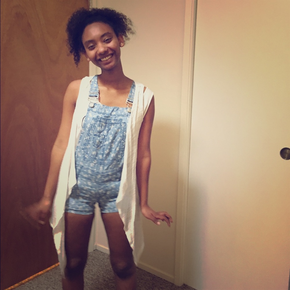 Overalls and cardigan