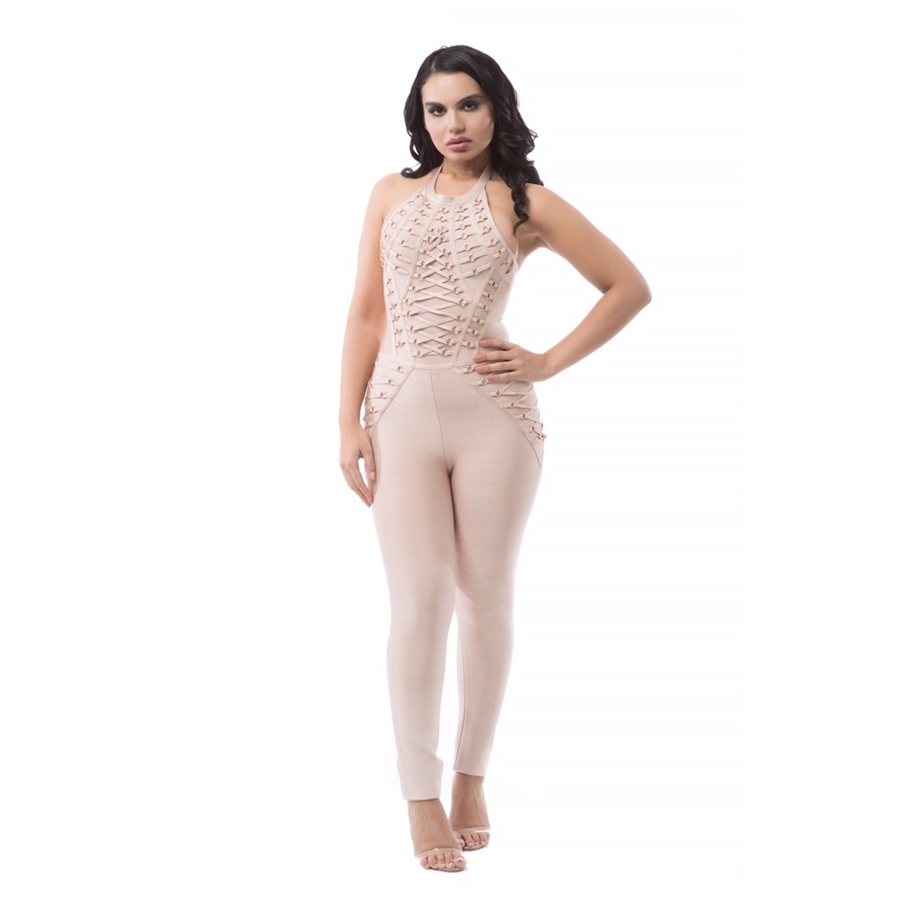 Halter Lace Up Sleeveless Bandage Jumpsuit #828 - Picture 3 of 7