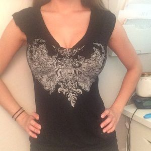 White Design Black Cap Sleeve Tee