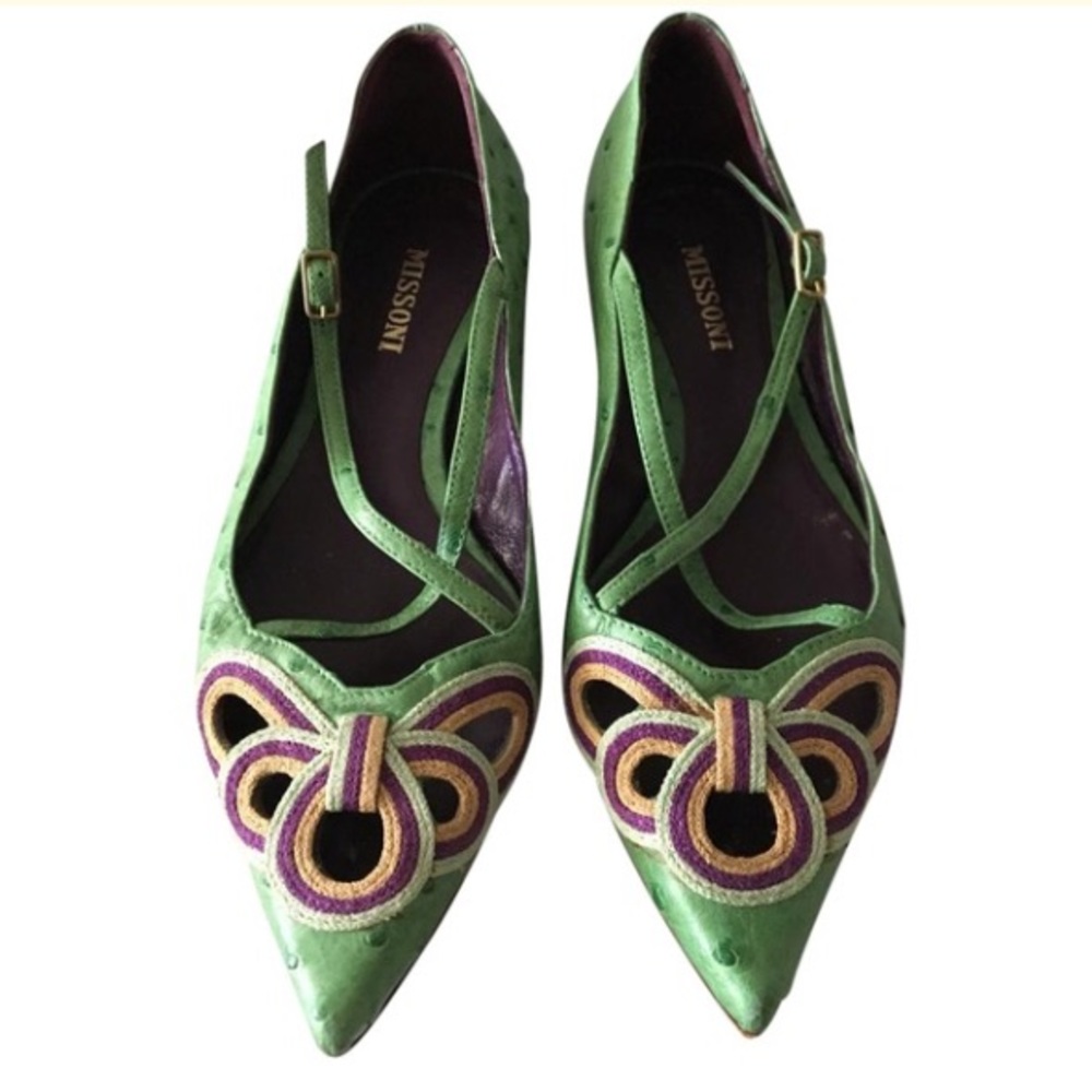 Green Ostrich Pointed Missoni Ballet Flats sz 38