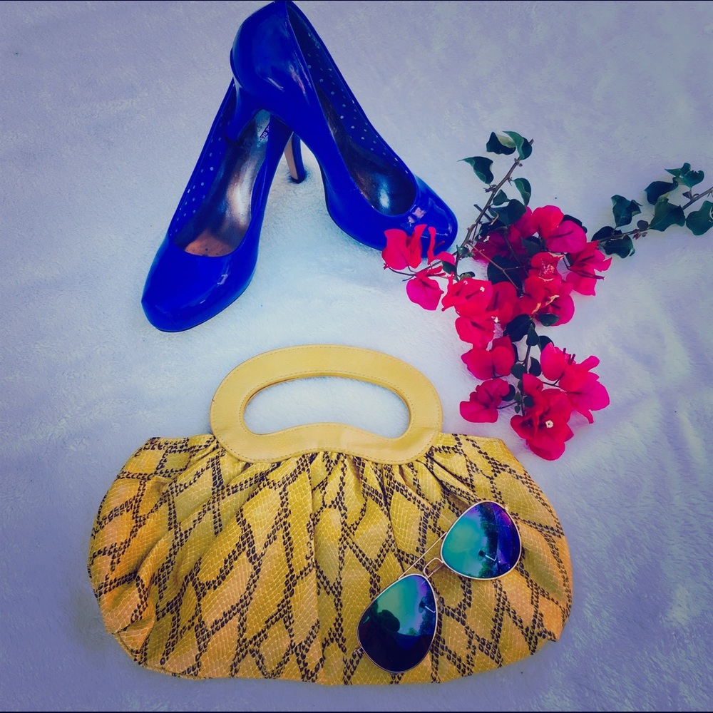 Faux snakeskin, yellow, modern clutch with pocket!