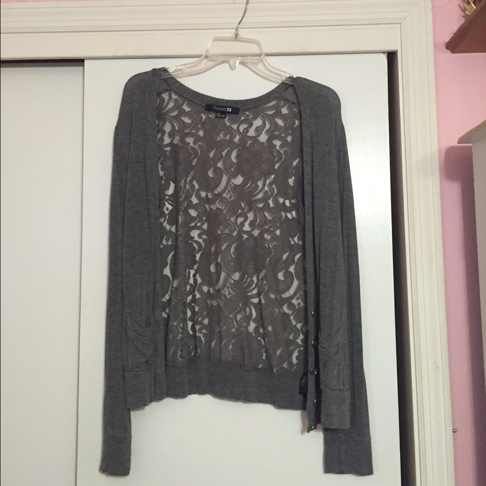 Grey cardigan with lace on back