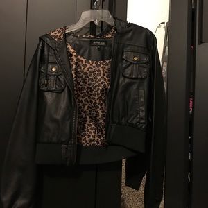 Black leather jacket with hood