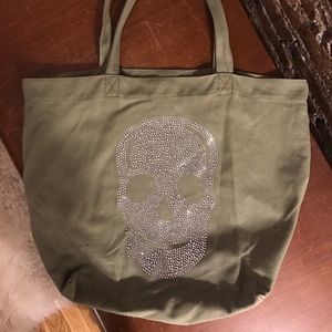 Army green canvas bag with bedazzled skull
