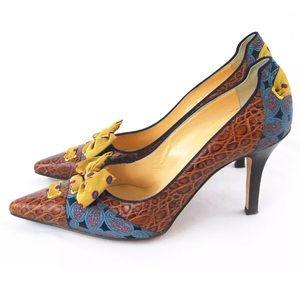 Cole Haan Paisley Fabric and Croc Pump Sz7