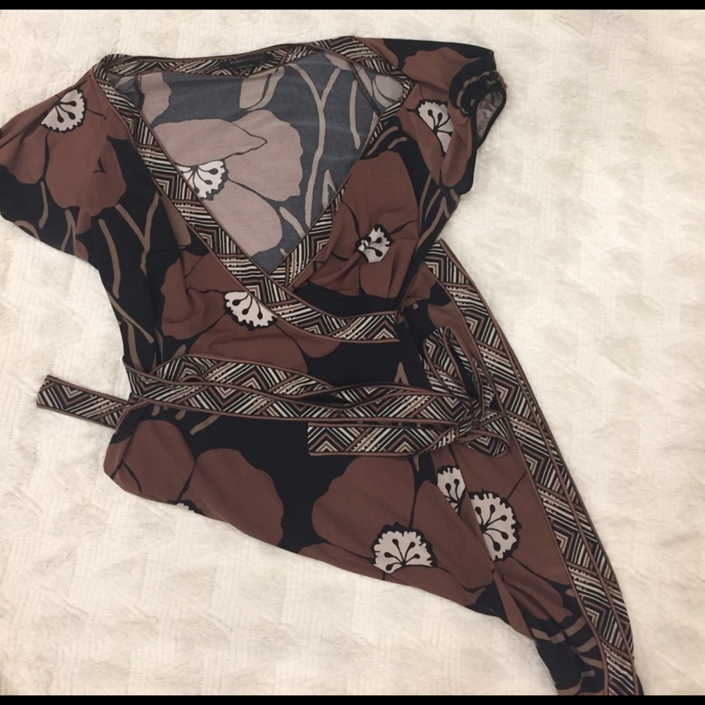 Brown and black printed faux wrap BCBG dress