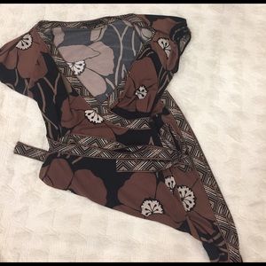 Brown and black printed faux wrap BCBG dress