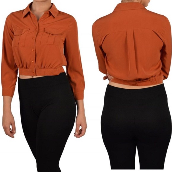 πHPππRust Button Down Collar Crop Top - Picture 2 of 7