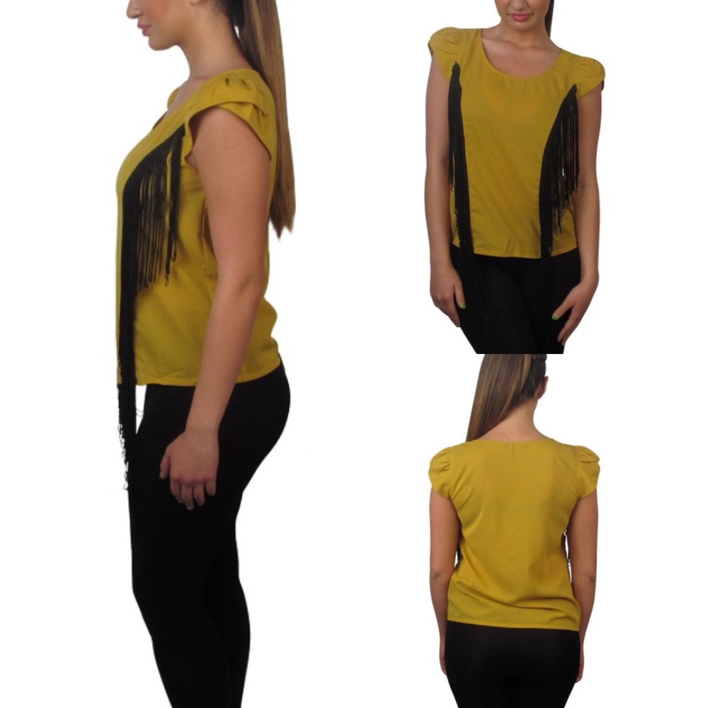 🆕🍄Mustard Round Neck Short Sleeve Fringe Top
