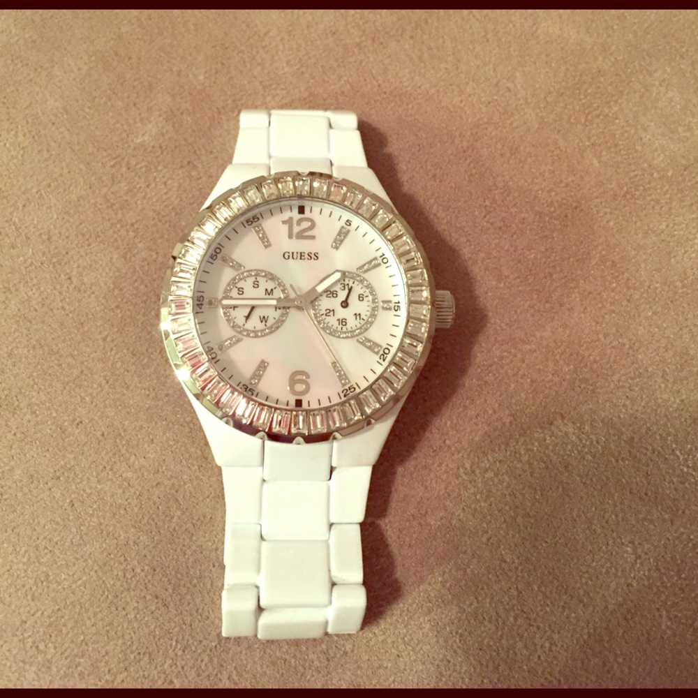 Women's Guess Pearl Dial White-Tone Steel Watch