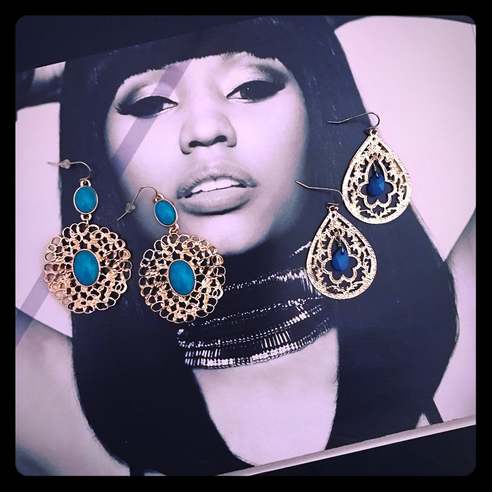 gold and turquoise bangle earrings, two pairs