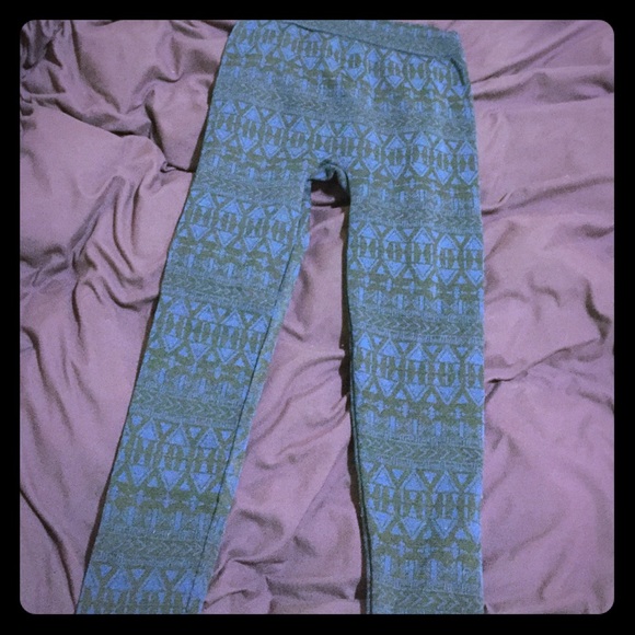 Blue tribal print fleeced lined leggings - Picture 1 of 3