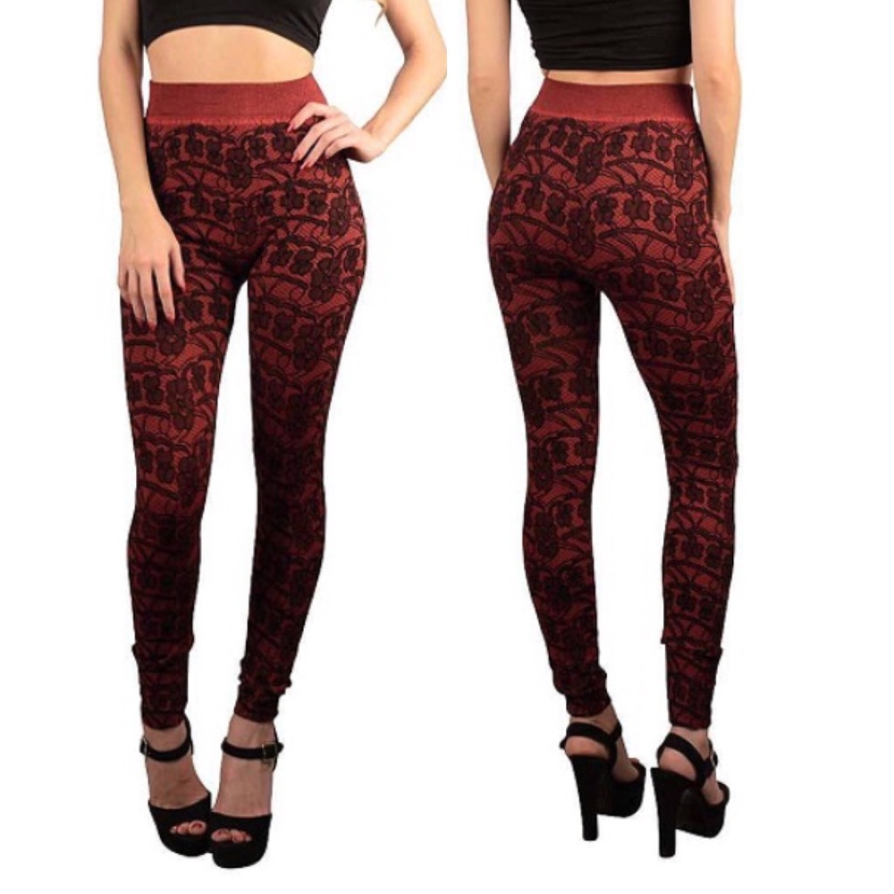 🆕🍄Burgundy/Red RAISED Embroidered Lace Legging
