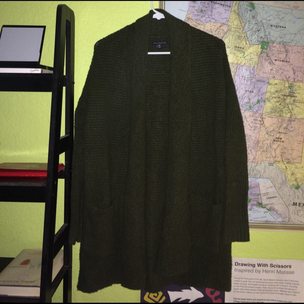 AE fuzzy and oversized olive green cardigan!