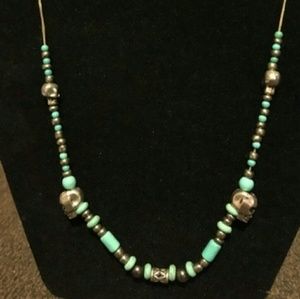 Silver + Turquoise bead and skull necklace