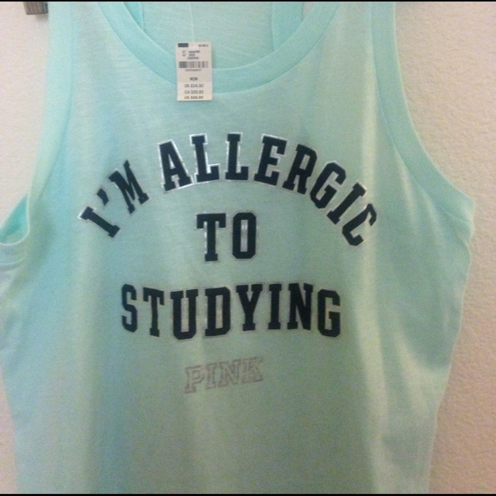 🆕🎈Victoria Secret tank I'M ALLERGIC TO STUDYING” - Picture 2 of 3