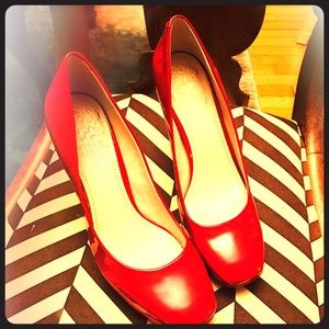 Red paten leather heels