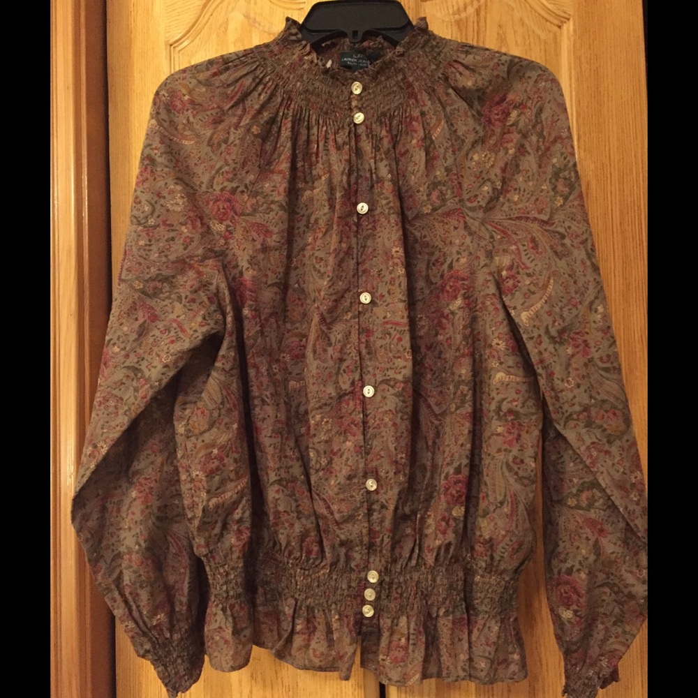 Olive Green Print Ralph Lauren Blouse XL