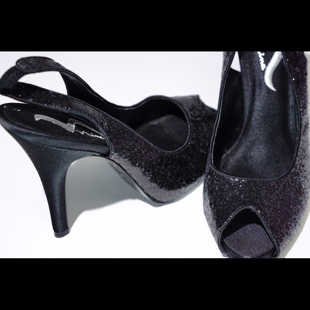 Nina Black Sequined Satin Heels