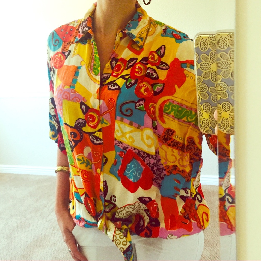 Vintage bright colorful arty Button Down Blouse