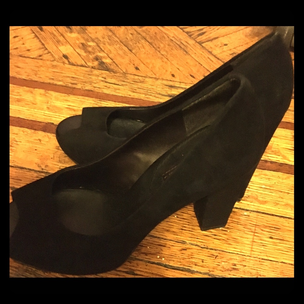Suede peep-toe platform pumps. 4 inch heel.