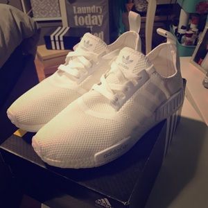All White Adidas NMDs, size 11