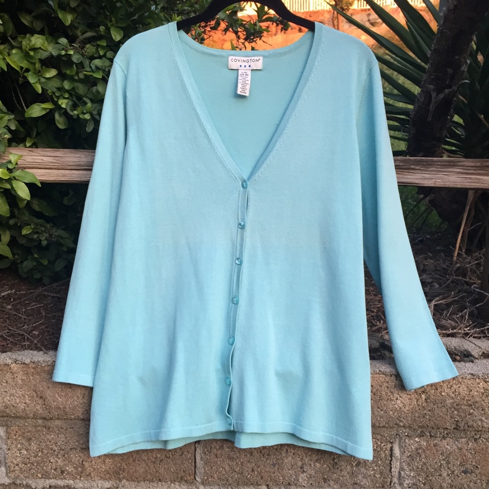 ♦️ Buy 2 Get 1 Free!  Baby Blue Silk knit Cardigan 3/4 sleeve large L 14-16