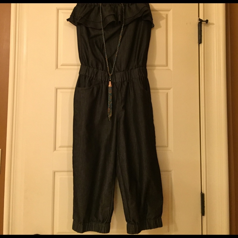 Dark denim strapless jumpsuit