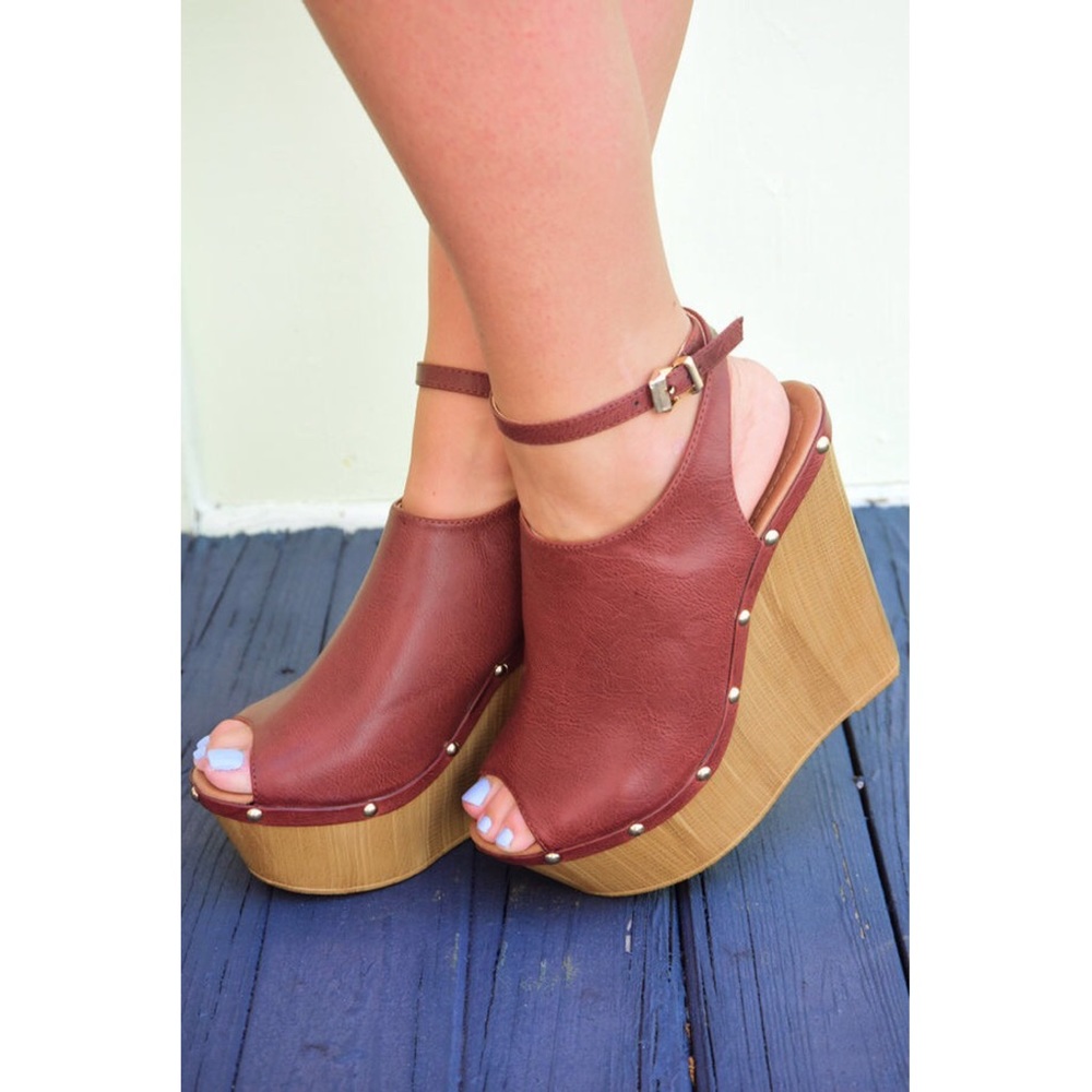 Brown Peep Toe Slingback Wedges
