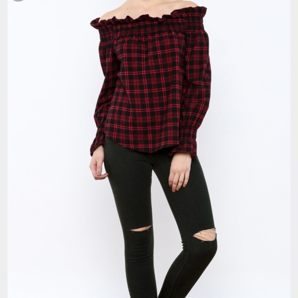 Vintage Havana Plaid Ruffled off the shoulder top