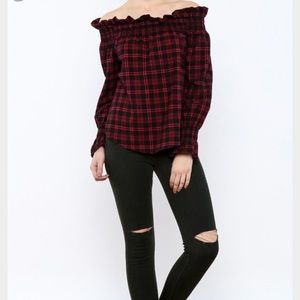 Vintage Havana Plaid Ruffled off the shoulder top