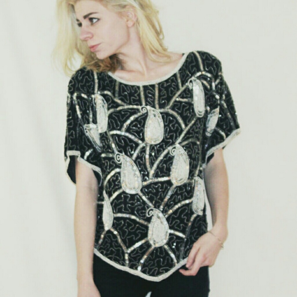 Saks Fifth Avenue Vintage Silk Sequin Beaded Top