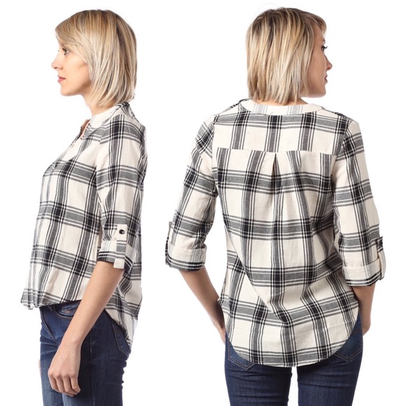 ✨ SALE Rolled Sleeve Split Neck Plaid Check Top - Picture 2 of 5