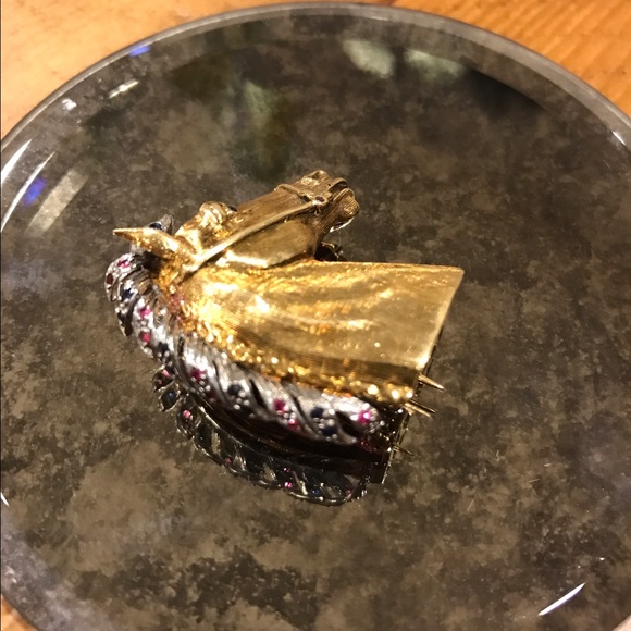 Vintage 1950 Ruby Turquoise Sapphire Pin 18k Yellow Gold  Gold Pin with Rubies and Sapphires