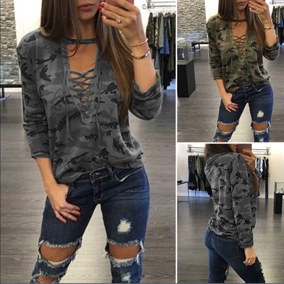 β‘οΈSALE πHP 3/21/17πSexy Gray Camo Lace Up Blouse - Picture 2 of 4