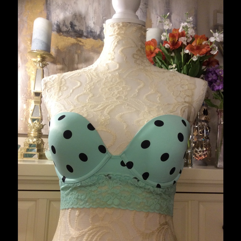 VS PINK strapless bra aqua with black polka dots