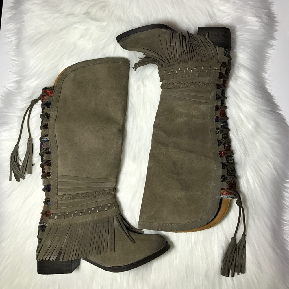 Boho Taupe Zarape Fringe Boots - Picture 2 of 4