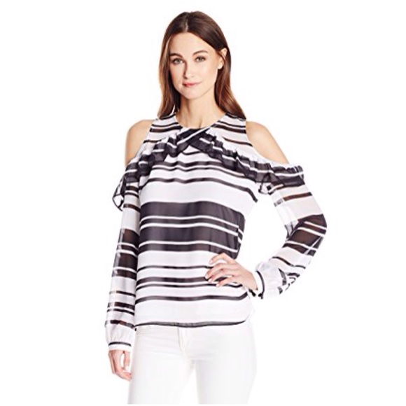 GUESS Cold Shoulder Blouse Black White Stripes Size Small - Picture 3 of 7