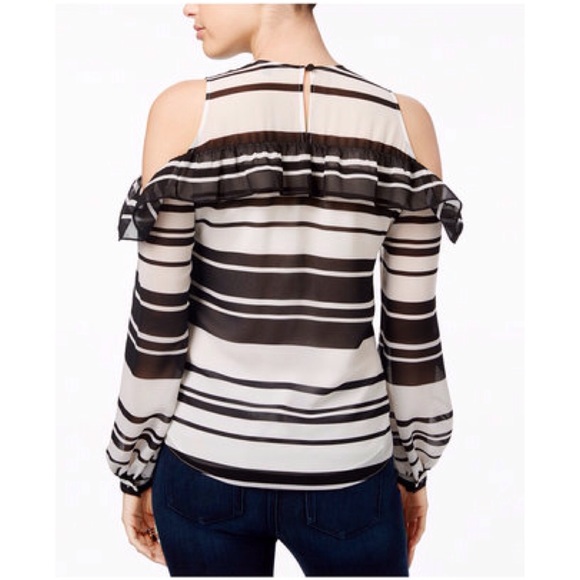 GUESS Cold Shoulder Blouse Black White Stripes Size Small - Picture 2 of 7